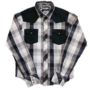 3/$20 Social Collision Black & Brown Square Print Snap Button-Up Shirt